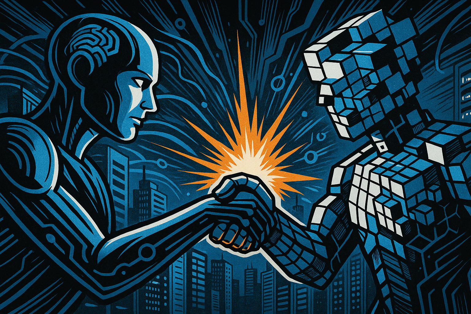IA : Un accord historique entre OpenAI et Databricks Deux entités humanoïdes fusionnant par une poignée de main, représentant OpenAI et Databricks Style comics book années 70, dans une ambiance data center futuriste