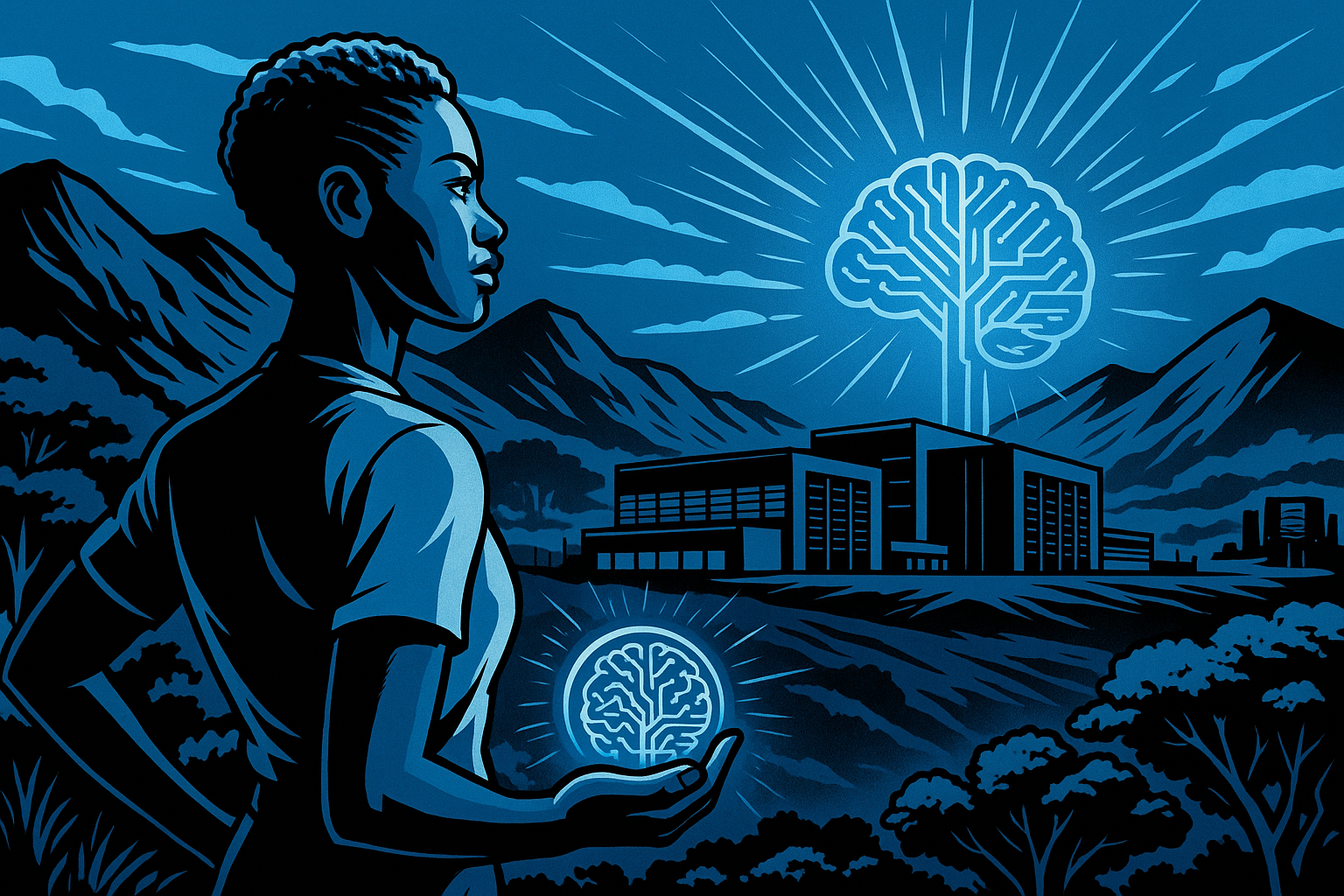 Plan large semi-aérien sur un gigantesque data center high-tech au cœur d’un paysage ougandais verdoyant et montagneux. Personnage central : Une jeune femme ou homme africain, debout au centre, en tenue sobre, regard tourné vers le complexe. Posture : Fière, mains sur les hanches ou tenant un processeur stylisé. Expression : Détermination et fierté.
