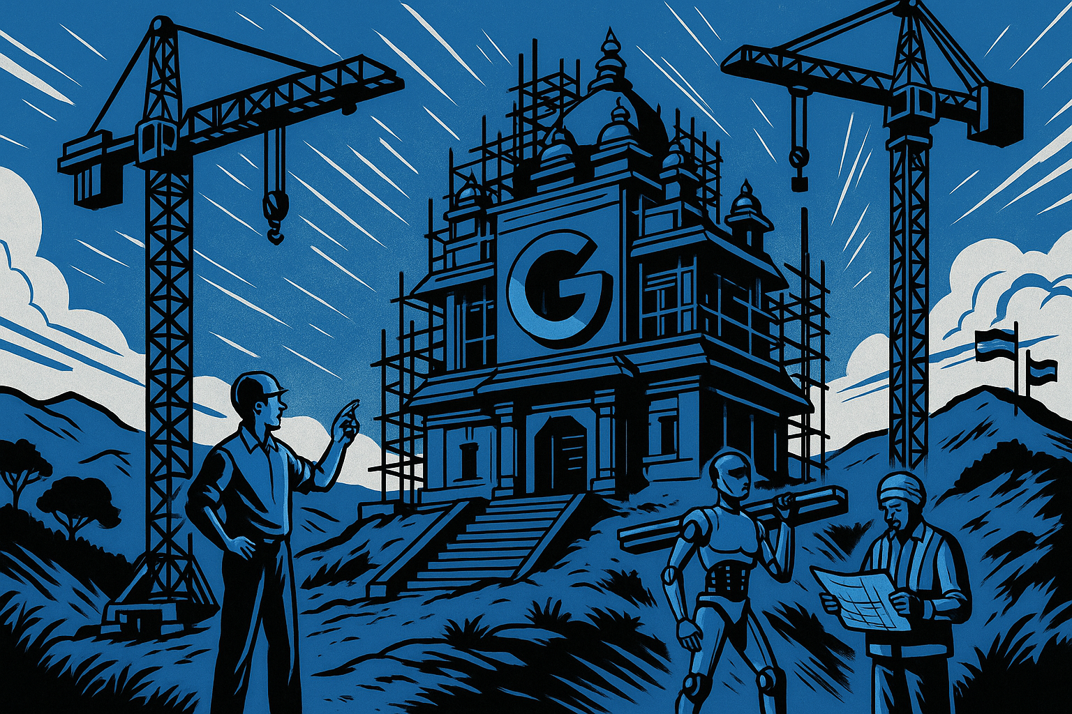 Chantier géant stylisé, où des grues construisent un temple data center. Personnage : Ingénieurs indiens et robots travaillent ensemble. Arrière-plan : Colline avec végétation, drapeaux indiens flottants. Google stylisé comme une fresque gravée dans les murs du bâtiment.