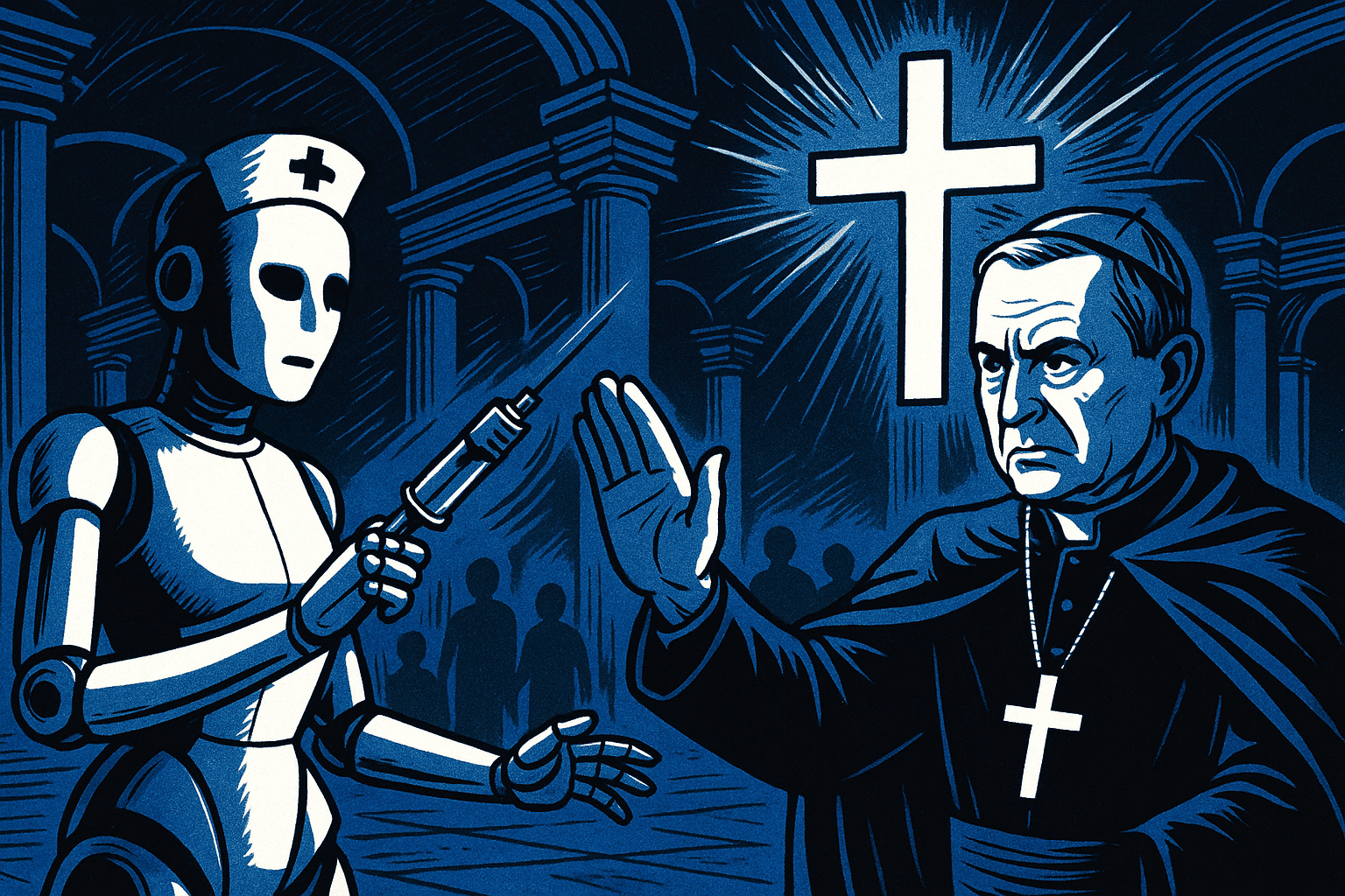 Intérieur monumental (colonnades inspirées du Vatican), plan moyen légèrement en contre-plongée. Personnage central : Le cardinal Parolin Costume ecclésiastique rouge/noir. Bras levé dans un geste d'arrêt vers un robot médical humanoïde qui tend une seringue. Expression : Sérieux, grave, déterminé. Élément central : Une croix brillante dans la main du cardinal face au bras robotique.