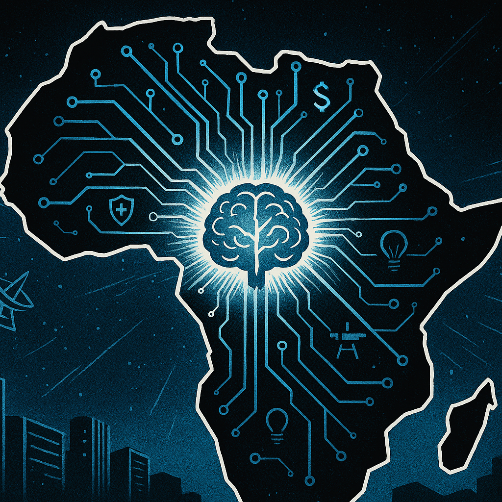 Bayobab et Seekr lancent une offensive IA sur le continent africain Vue en plongée sur une carte d’Afrique stylisée comme un circuit imprimé ou une puce électronique. Personnage central : Aucun personnage humain, mais un cerveau numérique stylisé au centre du continent, irradiant des lignes vers les bords. Élément central : L’énergie orange part du cœur de la carte.