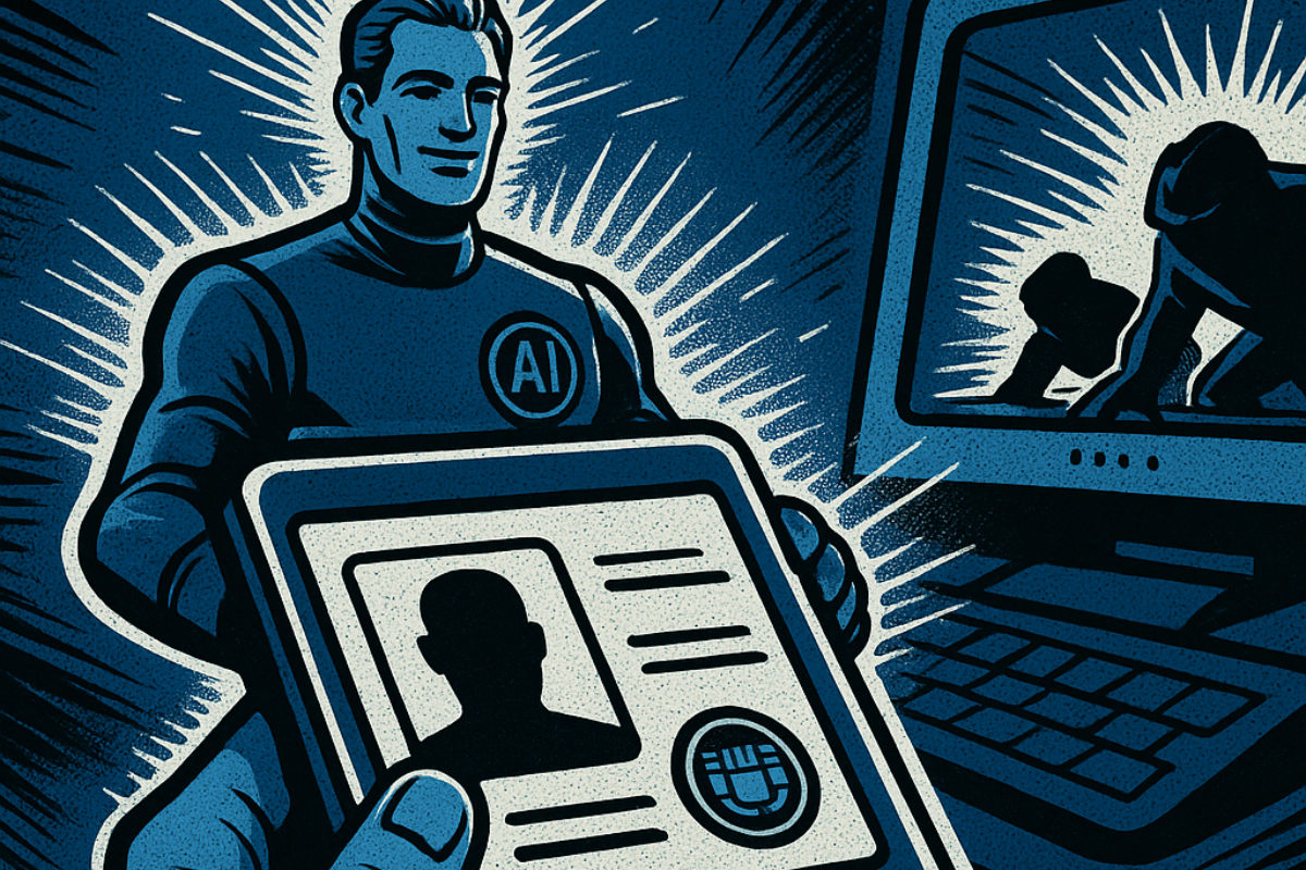 Cadrage serré sur une main humaine tenant un “passeport digital” ouvert L’agent IA apparaît en hologramme au-dessus, prêt à agir Arrière-plan Guichet numérique, semblable à un terminal de douane Silhouettes de bots rejetés en arrière-plan